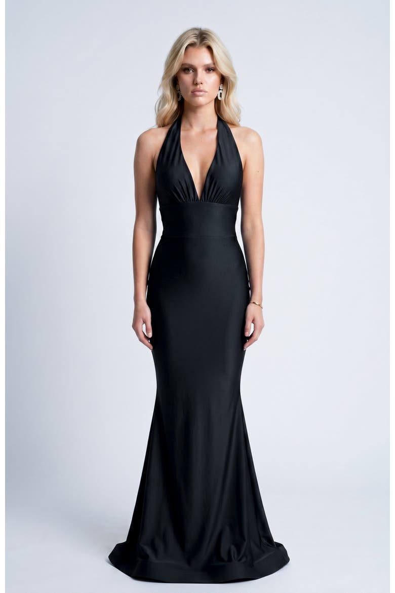 Plunge Gathered Halter Mermaid Gown, Alternate, color, Black