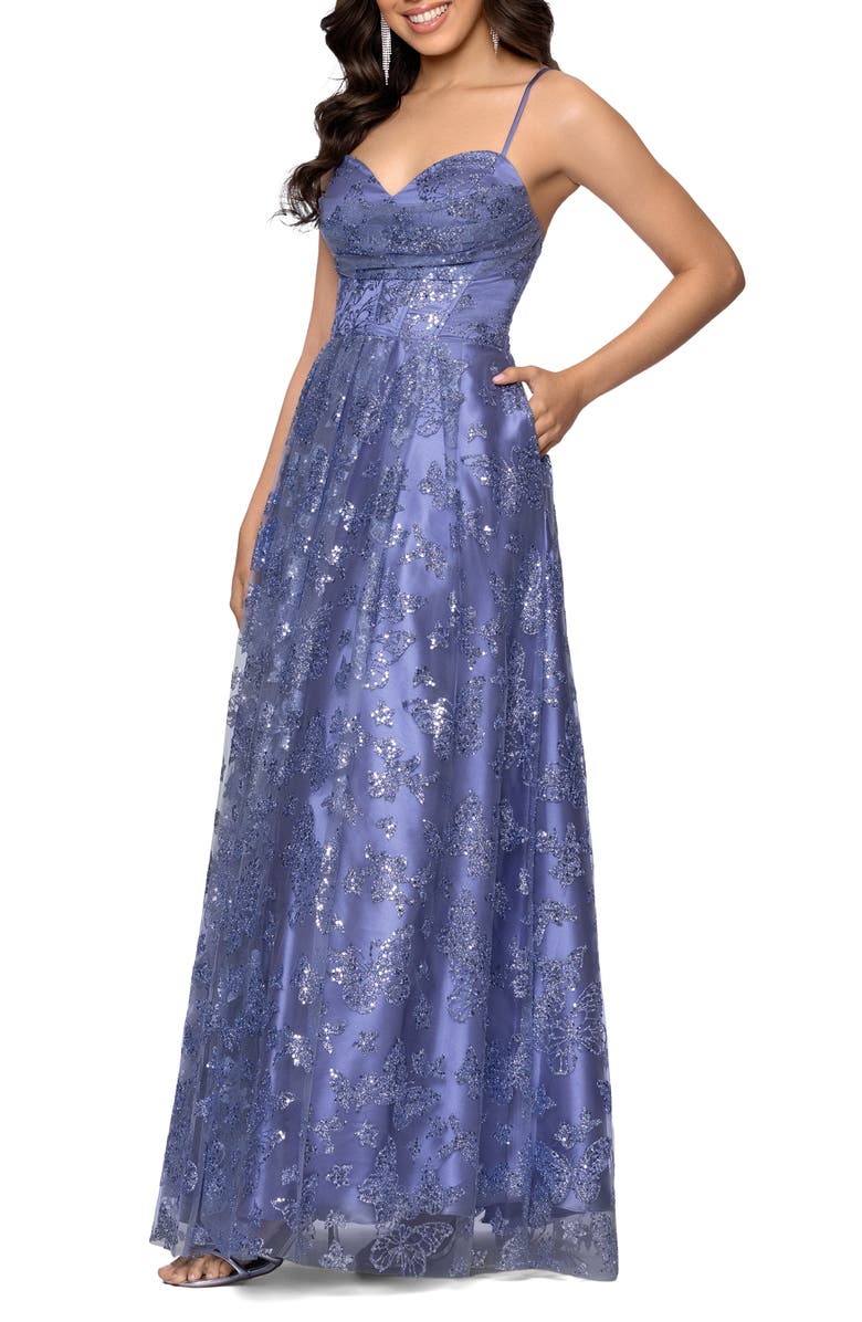 Blondie Nites Butterfly Motif Sequin Ballgown, Alternate, color, Periwinkle