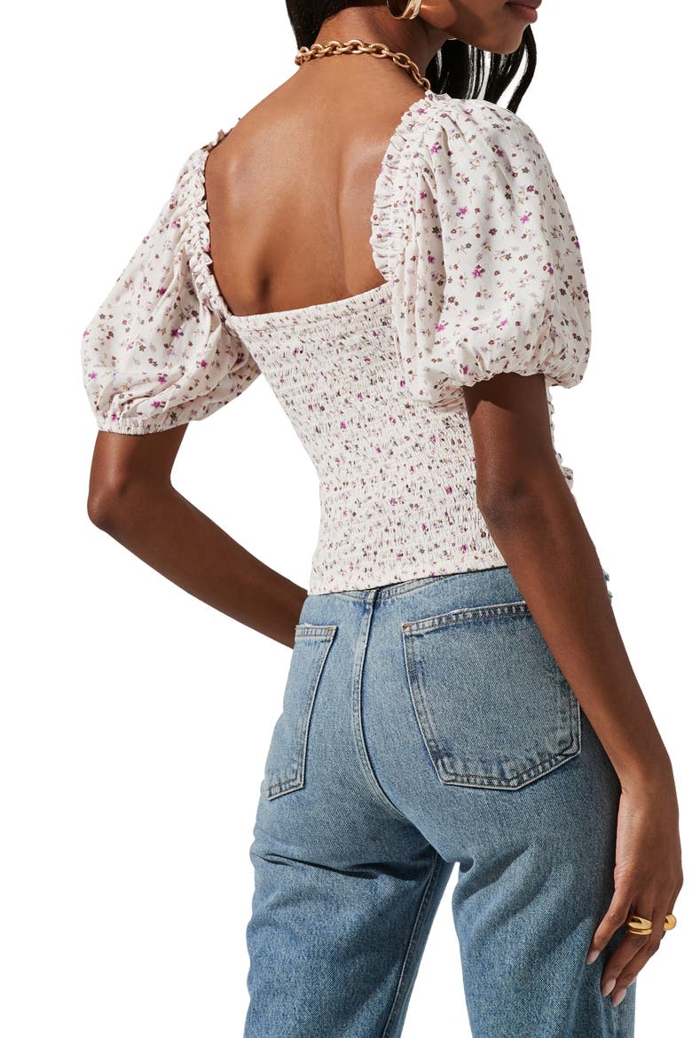 Floral Ruched Puff Sleeve Top, Alternate, color, CREAM LAVENDER DITSY