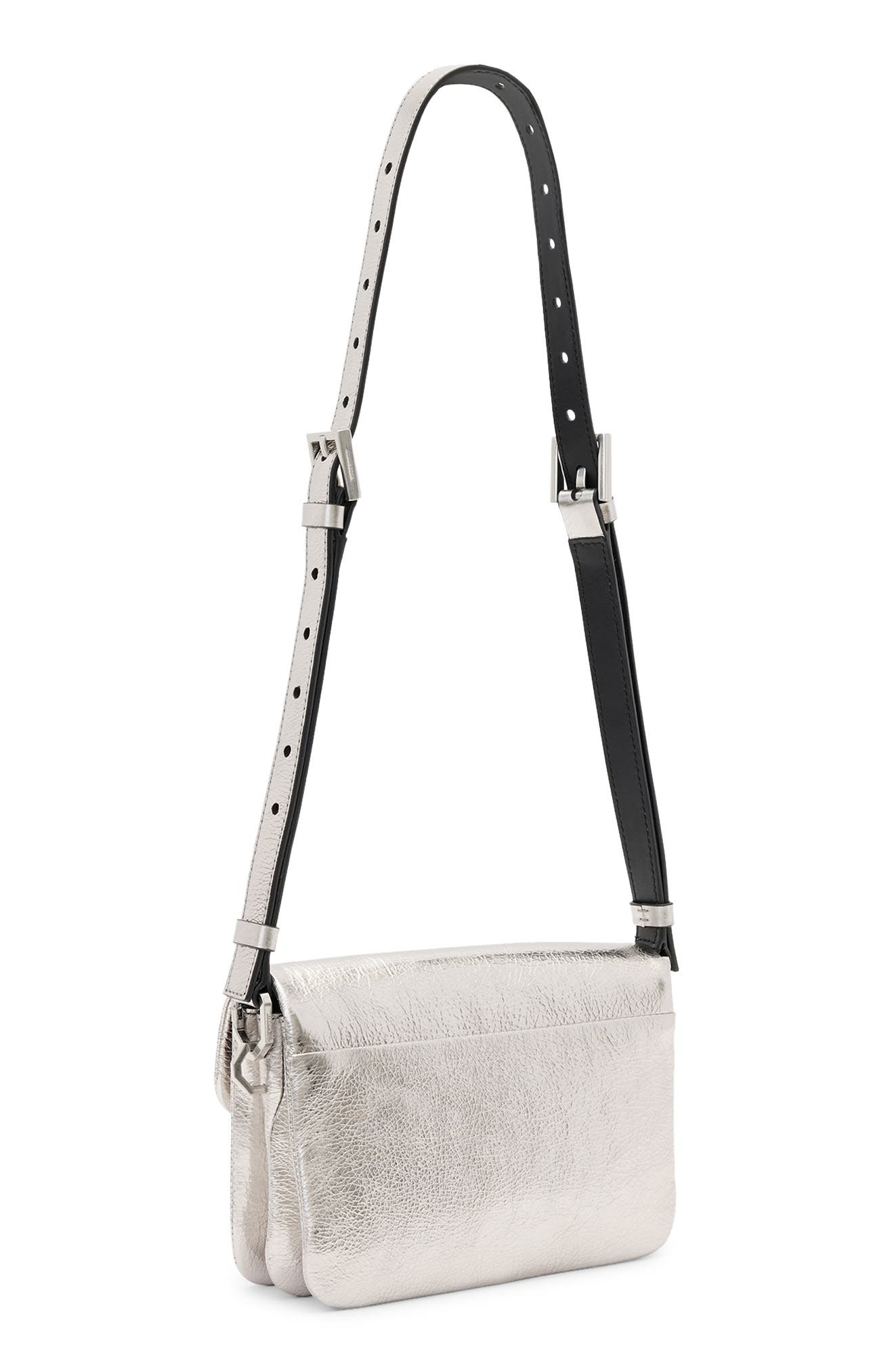 AllSaints Jupiter Metallic Leather Crossbody Bag, Alternate, color, Silver Crinkle