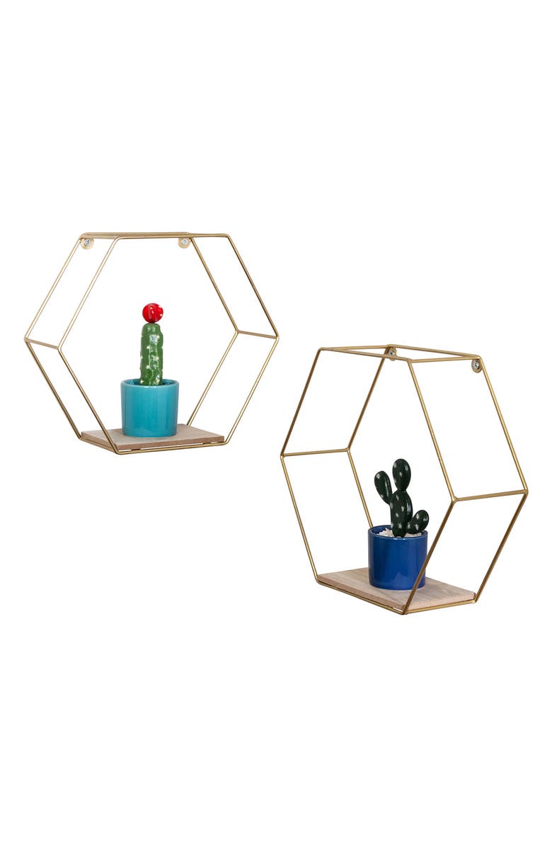 HONEY-CAN-DO Set of Hexagonal Decorative Metal Wall Shelves, Gold, Alternate, color, 