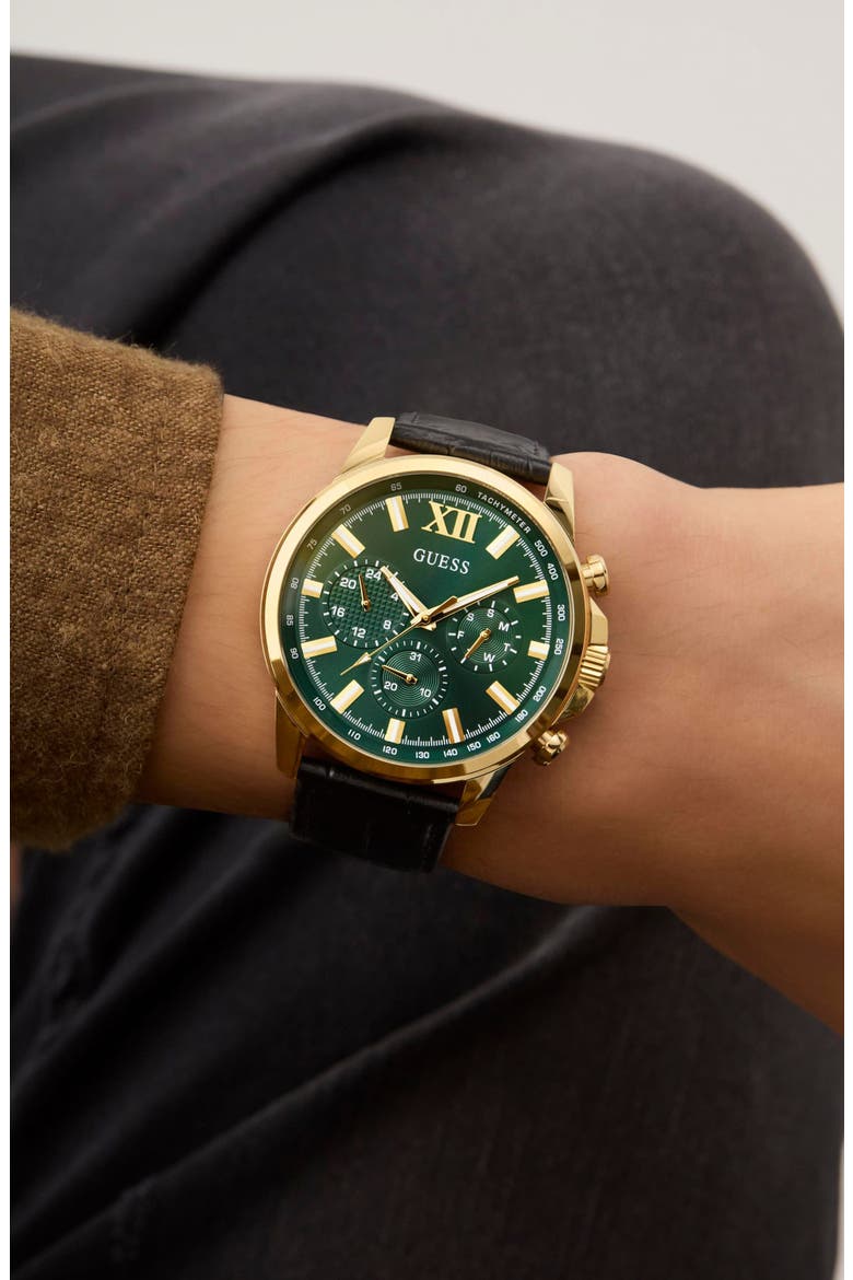 Walker Green Dial Multifunction Leather Strap Watch, 44mm, Alternate, color, BLACK