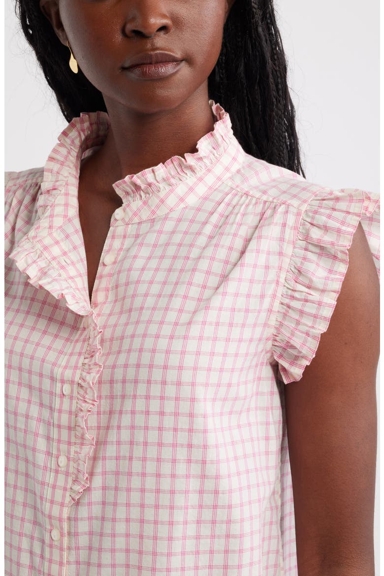 Ruffle Sleeve Cotton Blend Top, Alternate, color, IVORY- PINK WINNIE PLAID