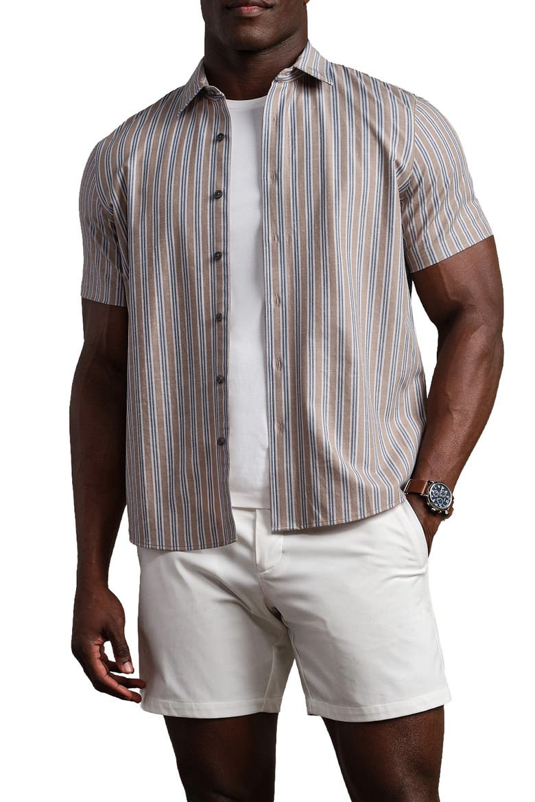 Brezza Performance Short Sleeve Button-Up Shirt, Main, color, TEAK BROWN VINTAGE STRIPE