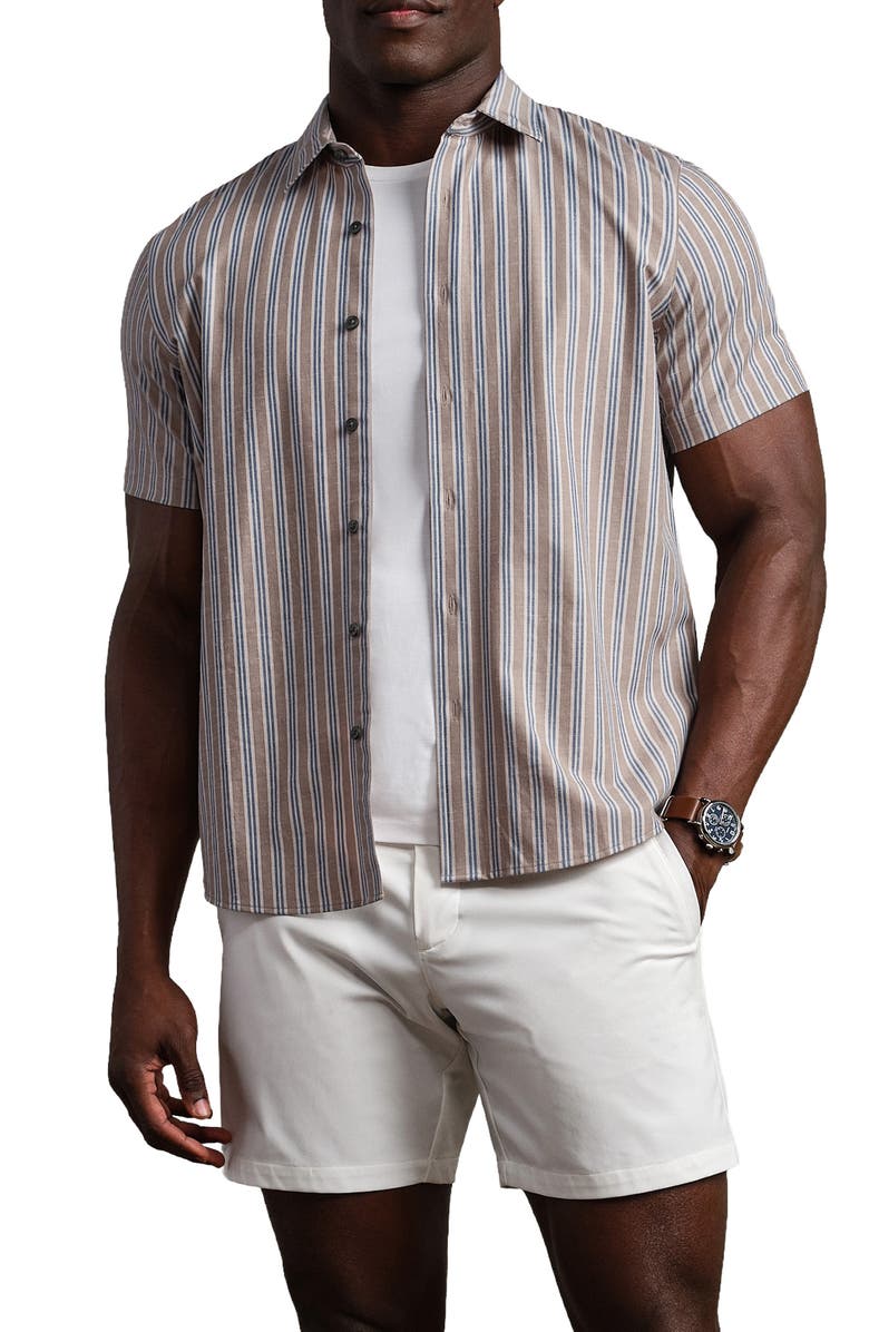 Rhone Brezza Performance Short Sleeve Button-Up Shirt, Main, color, Teak Brown Vintage Stripe