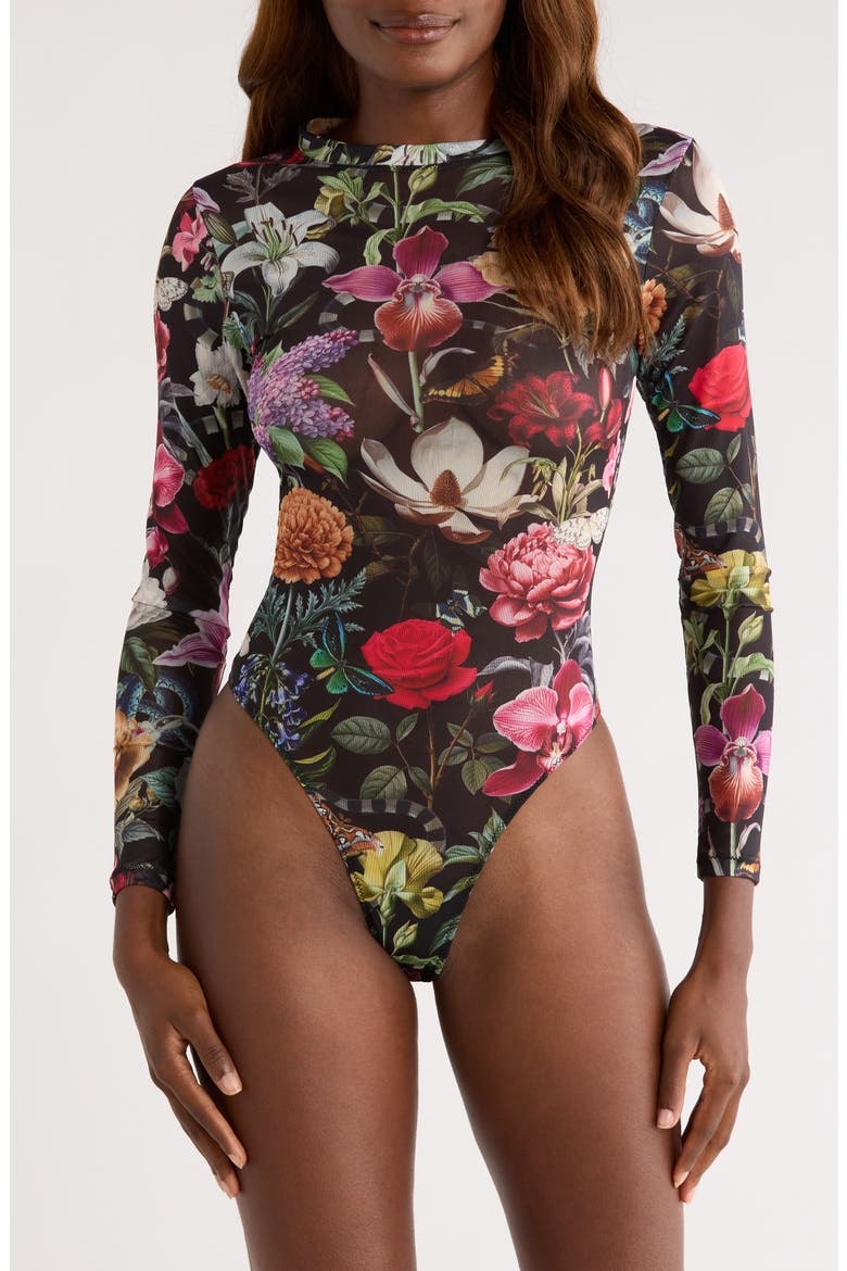 Floral Print Mesh Long Sleeve Teddy, Alternate, color, GARDEN OF EDEN