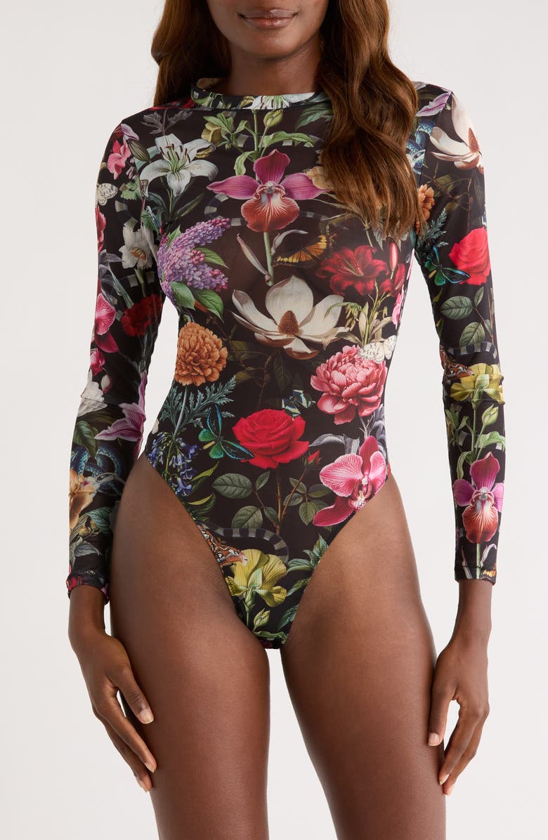 KILO BRAVA Floral Print Mesh Long Sleeve Teddy, Alternate, color, Garden Of Eden