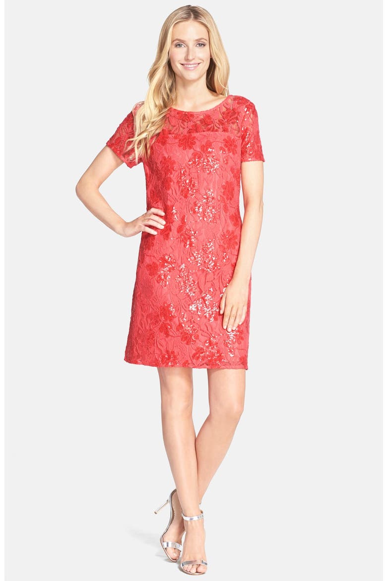 Sequin Lace Shift Dress, Alternate, color, CORAL