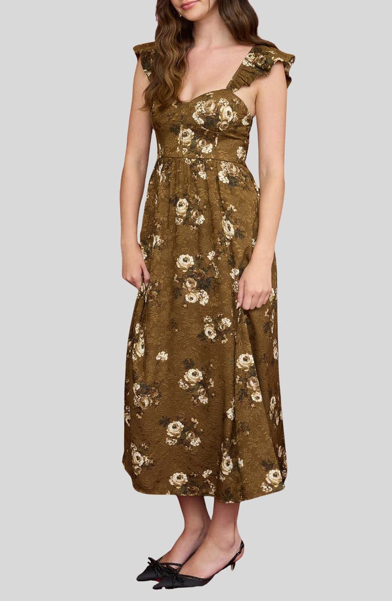 Blu Pepper Floral Jacquard Ruffle Strap A-Line Dress, Alternate, color, Brown Multi