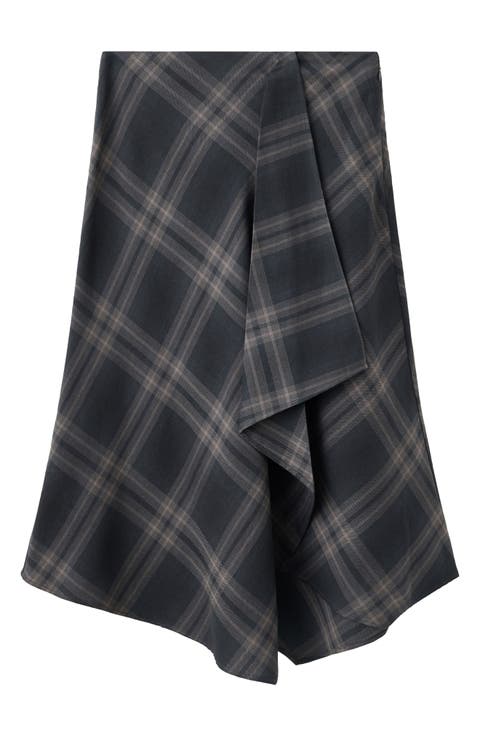 Asymmetric Check Print Midi Skirt