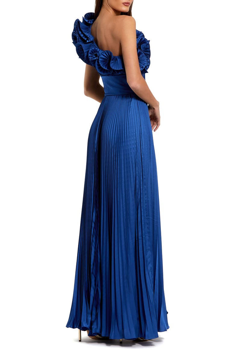 Pleated Charmeuse One Shoulder Ruffle Gown, Alternate, color, Cobalt