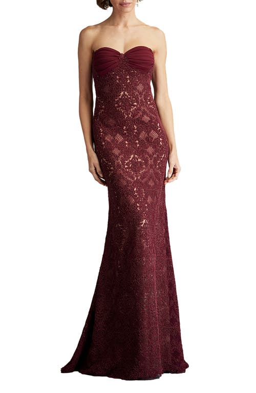 Tadashi Shoji Kohli Strapless Lattice Embroidered Gown In Cinnamon