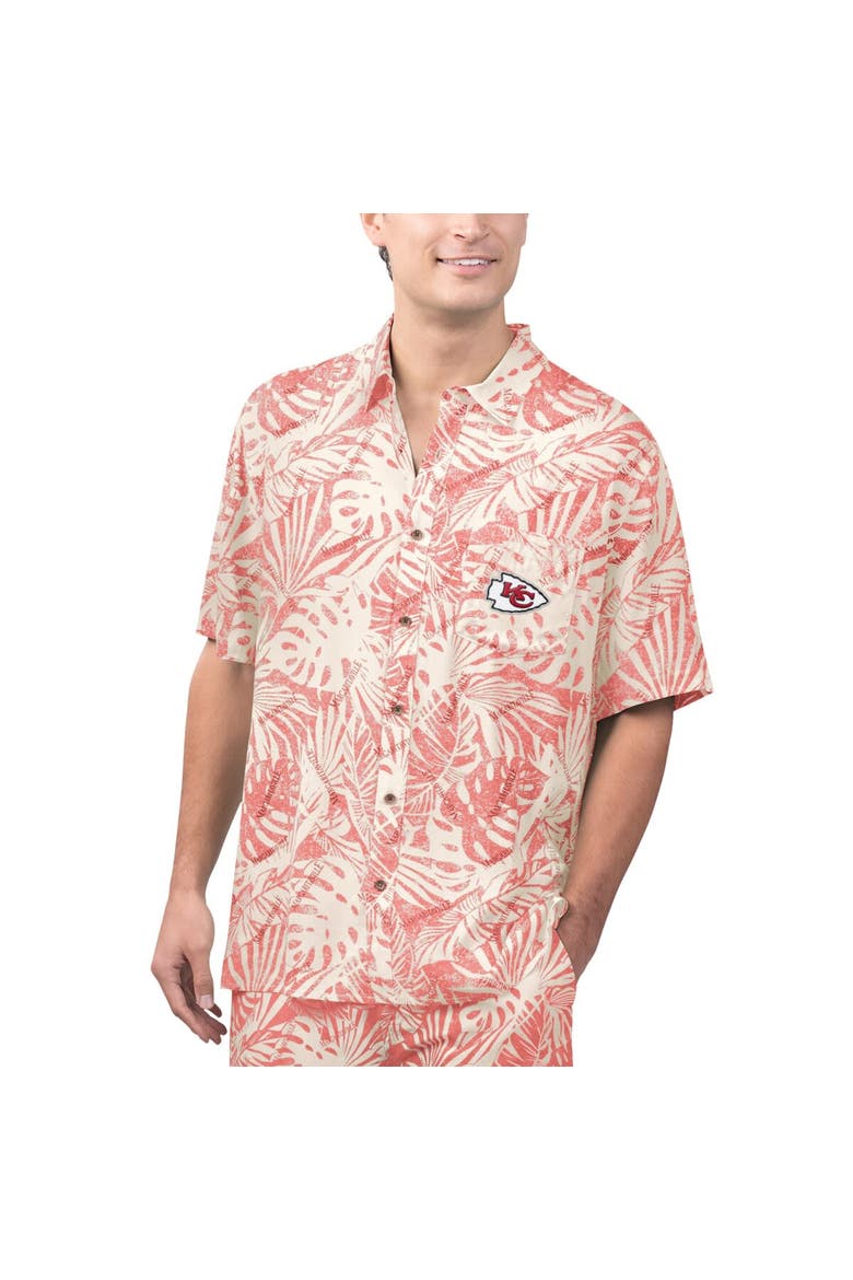 Men's Margaritaville Tan Kansas City Chiefs Sand Washed Monstera Print Party Button-Up Shirt, Main, color, Cream