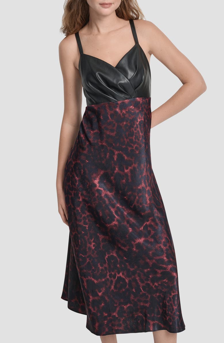 DKNY Faux Leather Mixed Media Midi Dress, Alternate, color, Merlot Cheetah