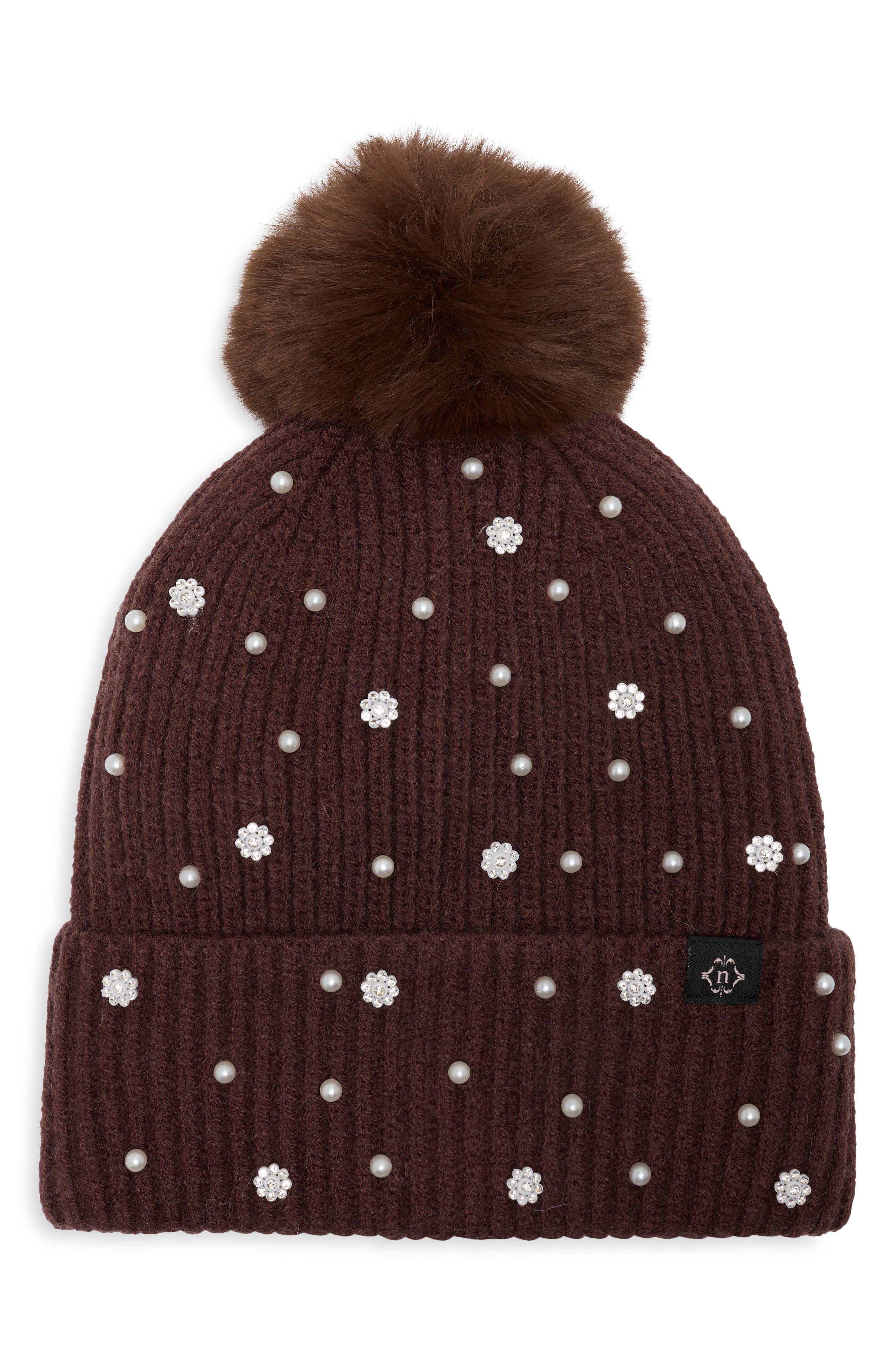 Faux Pearl & Faux Fur Pom Beanie