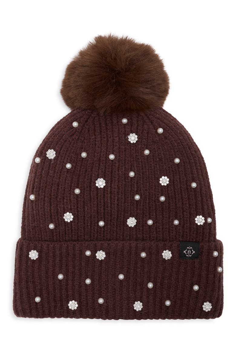 Faux Pearl & Faux Fur Pom Beanie, Main, color, BROWN