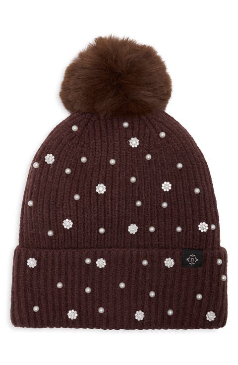 Faux Pearl & Faux Fur Pom Beanie