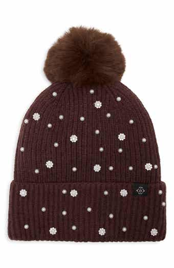 Faux Pearl & Faux Fur Pom Beanie