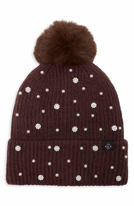 Faux Pearl & Faux Fur Pom Beanie