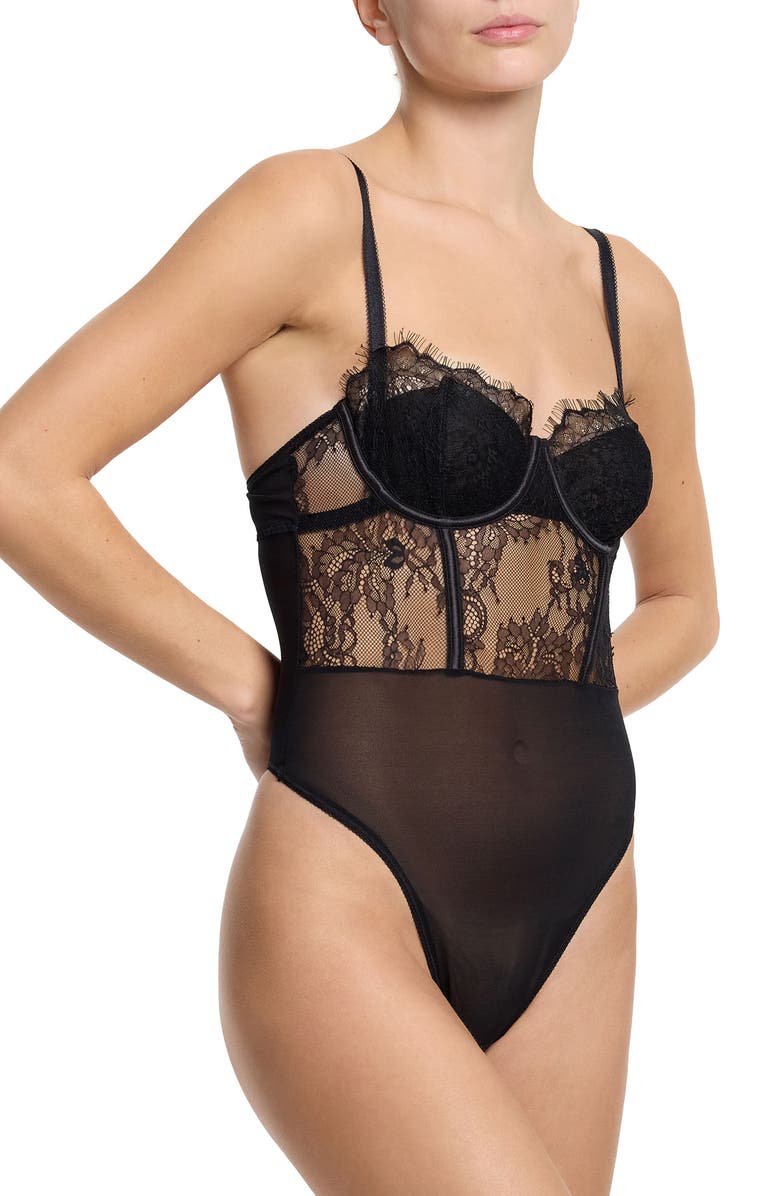 Hanky Panky Sheer Seduction Lace Inset Bodysuit, Alternate, color, Black