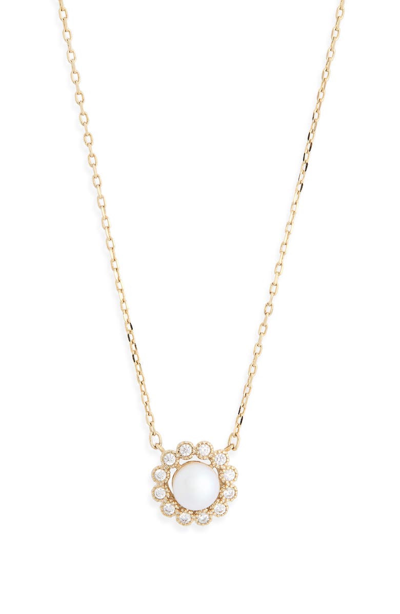 NORDSTROM RACK Faux Pearl Cubic Zirconia Halo Pendant Necklace, Alternate, color, Clear- White- Gold