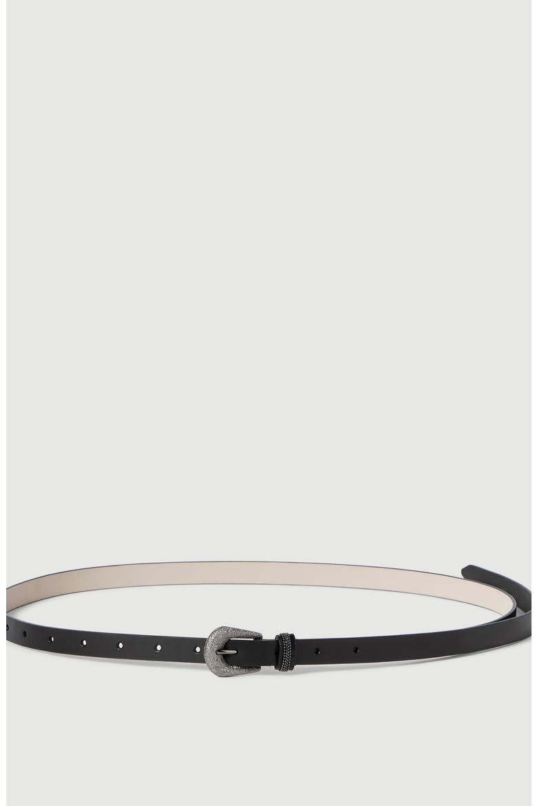 Vintage-effect leather belt with shimmering buckle and shiny loop, Main, color, Black