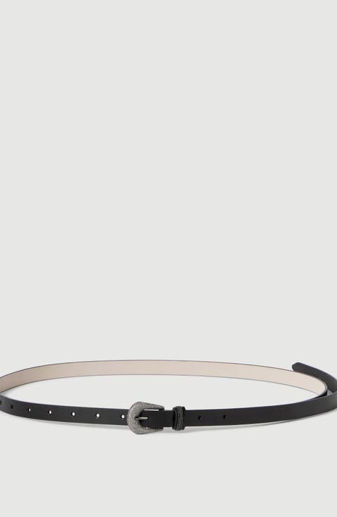 Vintage-effect leather belt with shimmering buckle and shiny loop
