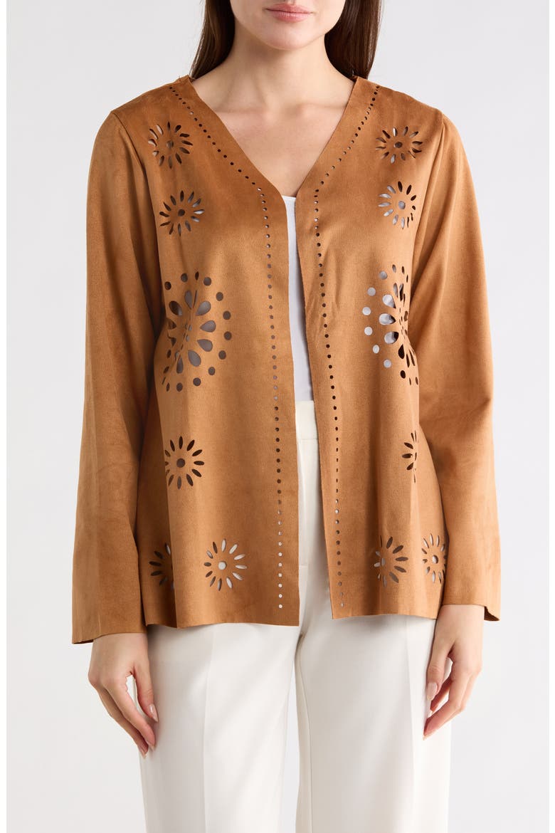 Laser-Cut Faux Suede Cardigan, Main, color, CAMEL