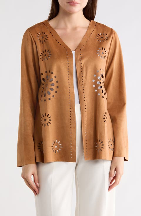 Laser-Cut Faux Suede Cardigan