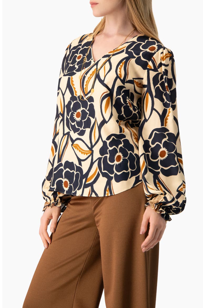 Floral Print Bishop-Sleeve Blouse, Alternate, color, Ivory