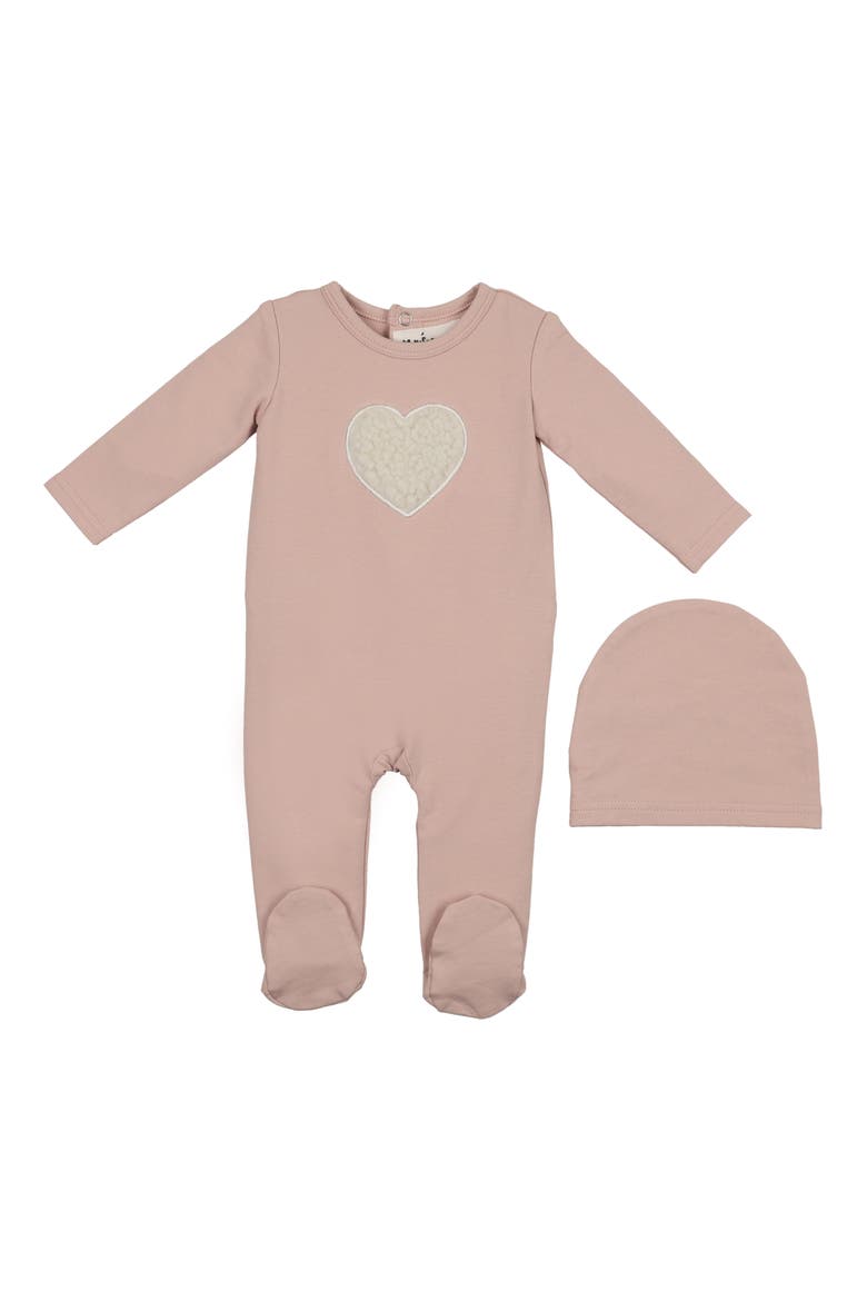 Heart Appliqué Footie & Beanie Set, Main, color, DUSTY MAUVE