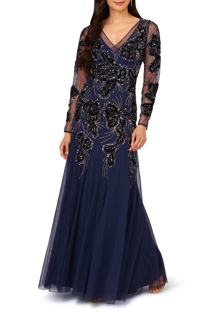 Adrianna Papell Beaded Mesh Long Sleeve Velvet Godet Gown, Main, color,
