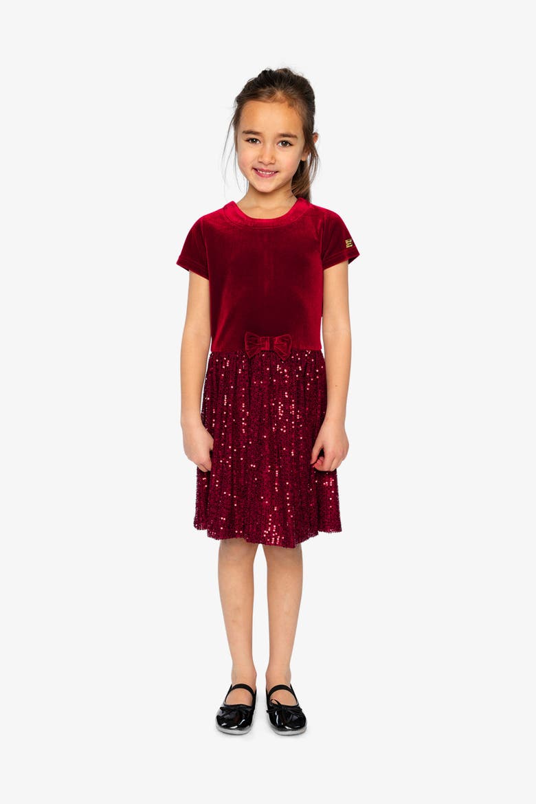 Bi-Material Short Sleeve Bow Belt Glittering Skirt Dress, Alternate, color, Rouge
