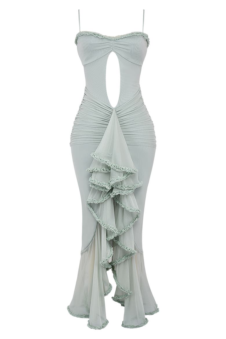 Gabriella Keyhole & Ruffle Mesh Body-Con Gown, Alternate, color, AQUA