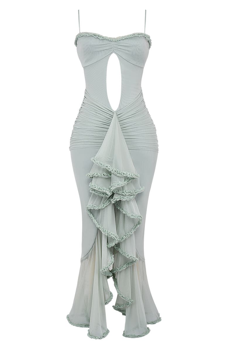 HOUSE OF CB Gabriella Keyhole & Ruffle Mesh Body-Con Gown, Alternate, color, Aqua