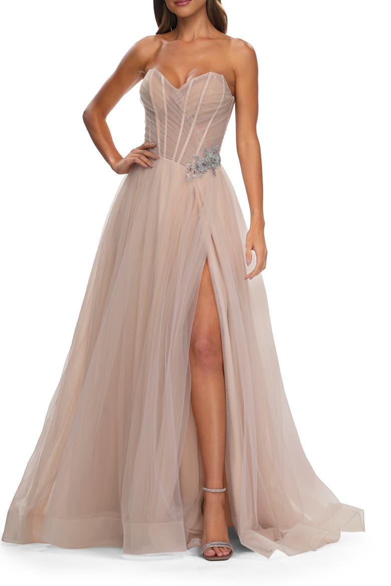 Strapless A-line Tulle Dress with Floral Waist Detail, Alternate, color, Blush