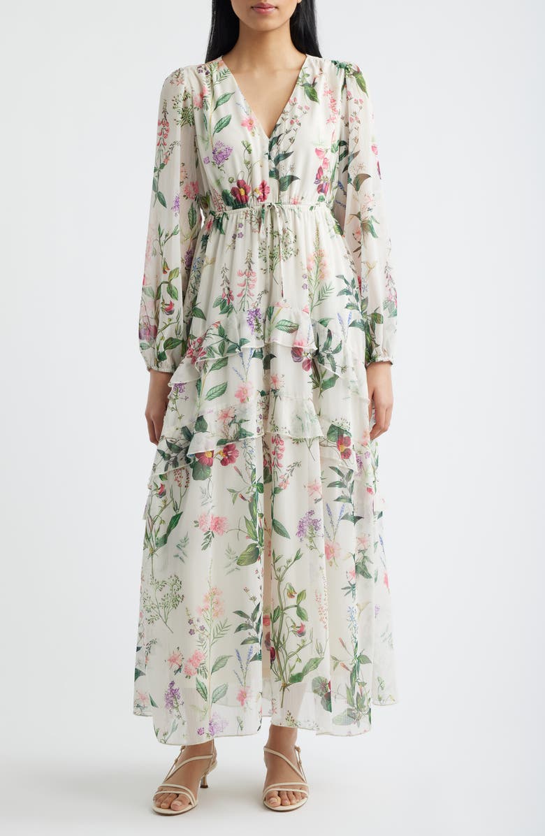 LAYERED WITH LOVE Alice Floral Long Sleeve Drawstring Waist Maxi Dress, Main, color, Ivory Floral