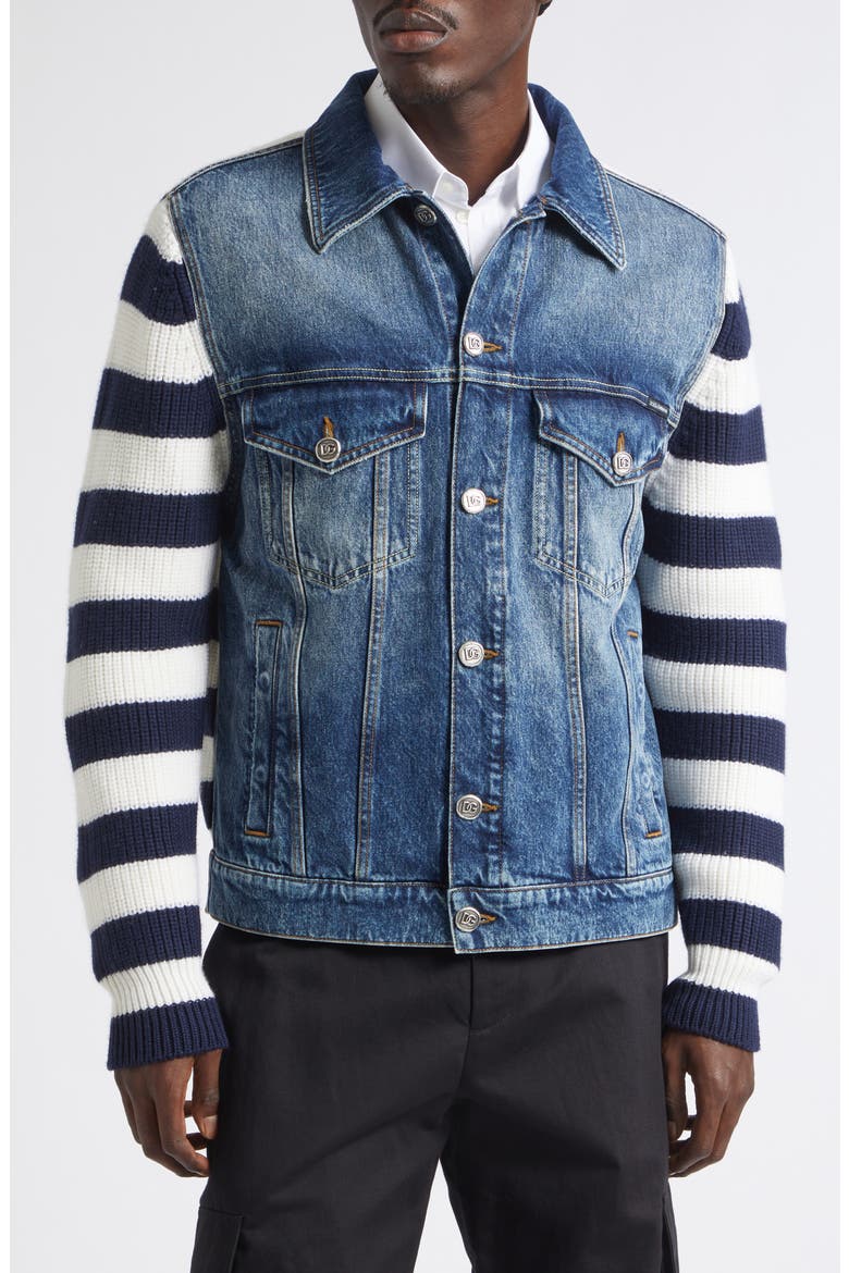 Mixed Media Stripe Wool & Cotton Denim Cardigan Jacket, Main, color, VARIANTE ABBINATA