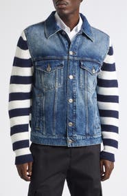 Dolce&Gabbana Mixed Media Stripe Wool & Cotton Denim Cardigan Jacket