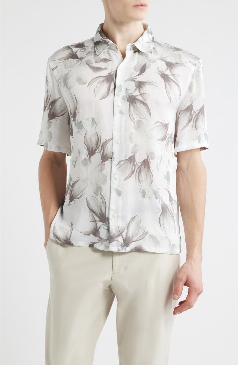 Open Edit Oversize Floral Short Sleeve Silk Button-Up Shirt, Main, color, White Luminous Floral
