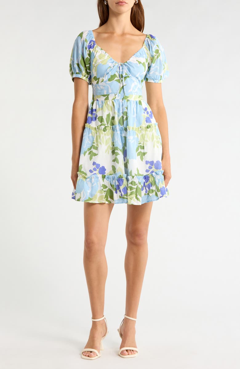 SUGARLIPS Muna Tiered Floral Khloey Cotton Dress, Main, color, Blue White Multi