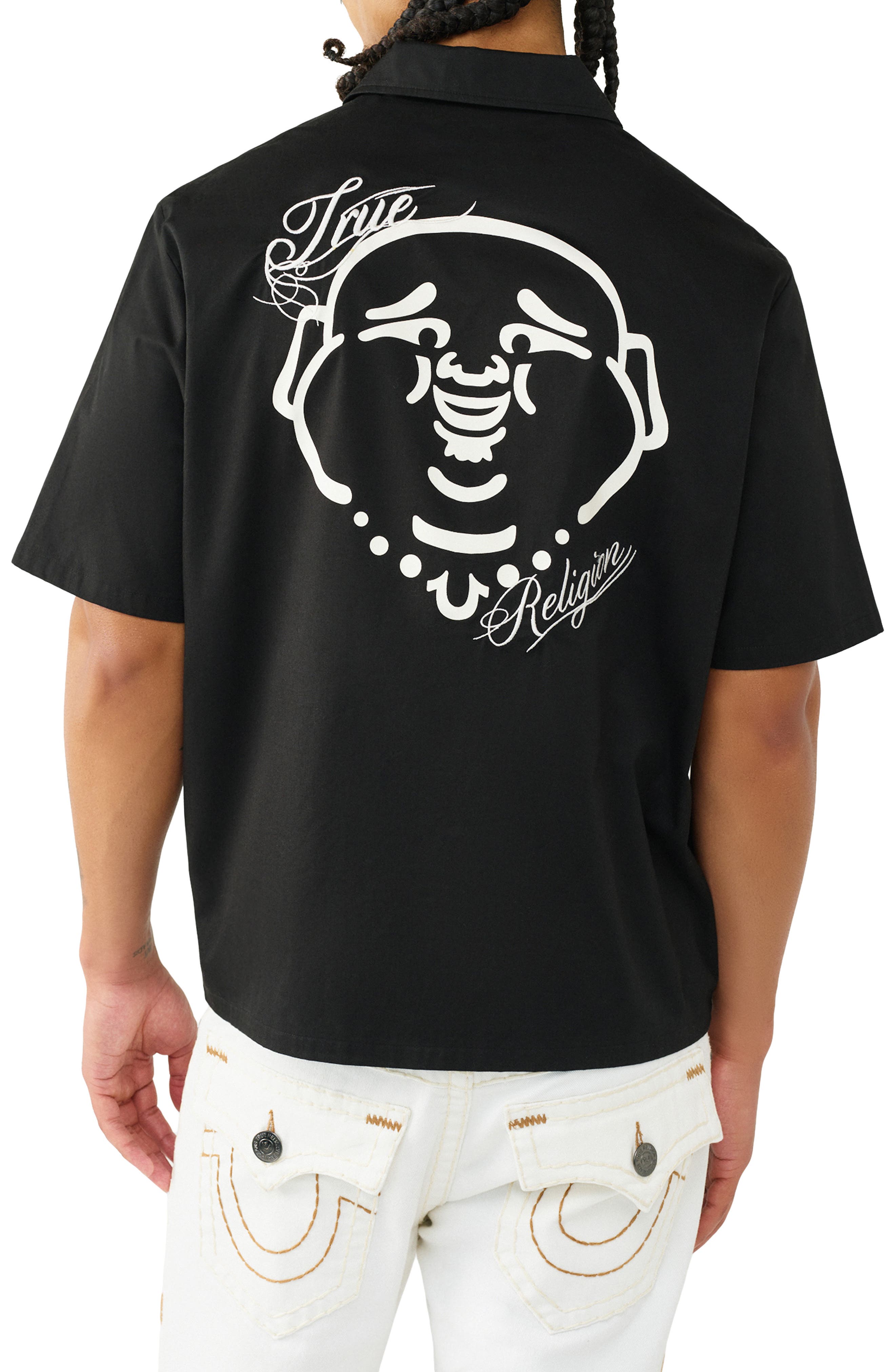 Мужские рубашки True Religion Buddha Graphic Short Sleeve Zip-Up Shirt — фото 2