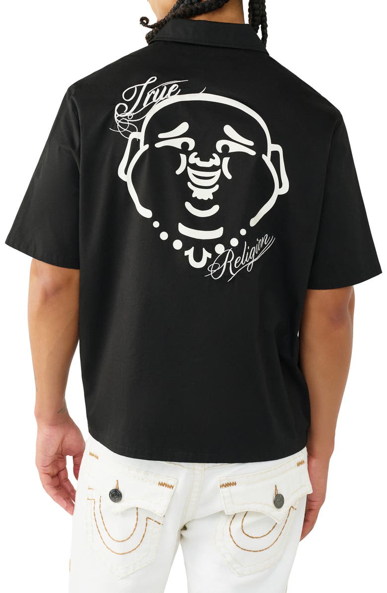 True Religion Buddha Graphic Short Sleeve Zip-Up Shirt, Alternate, color, Black