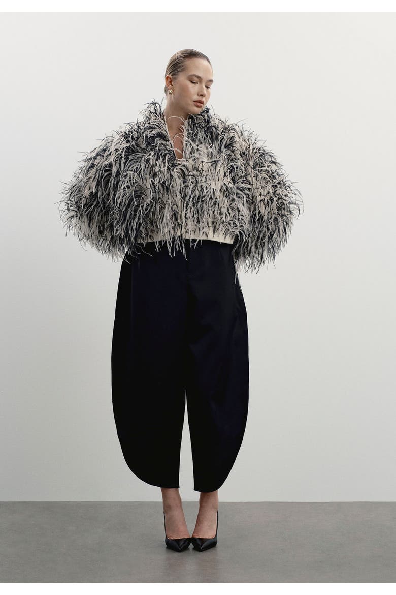 Ostrich Feather Cropped Jacket, Alternate, color, CREAM AND BLACK