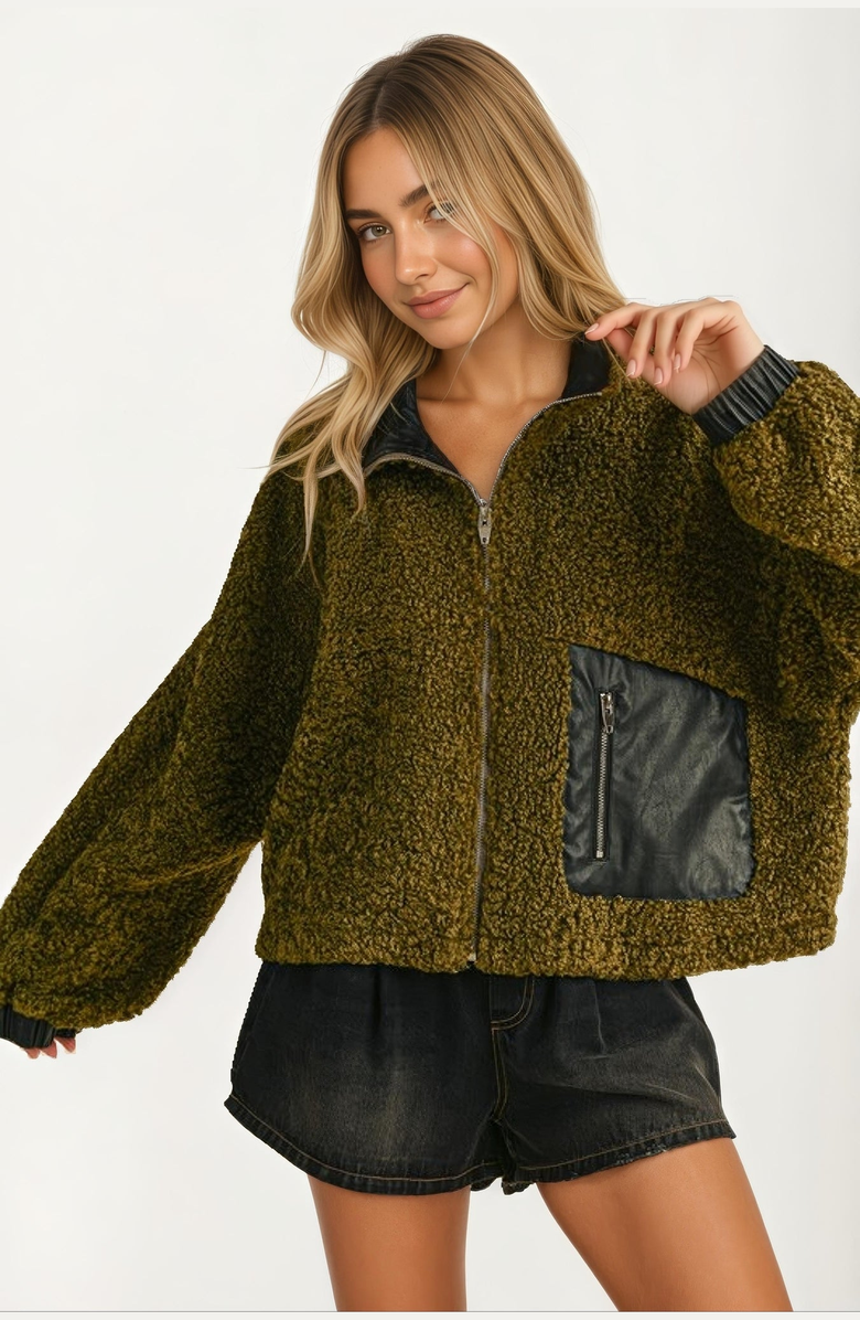 Knit and Lounge Faux Leather Trim Textured Zip-Up Pocket Detail Jacket, Alternate, color, 