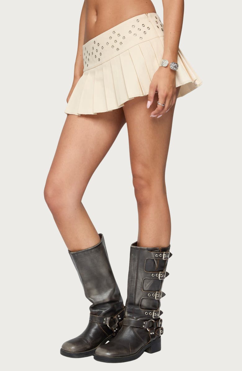 EDIKTED Lovina Grommet Low Rise Pleated Miniskort, Alternate, color, Stone