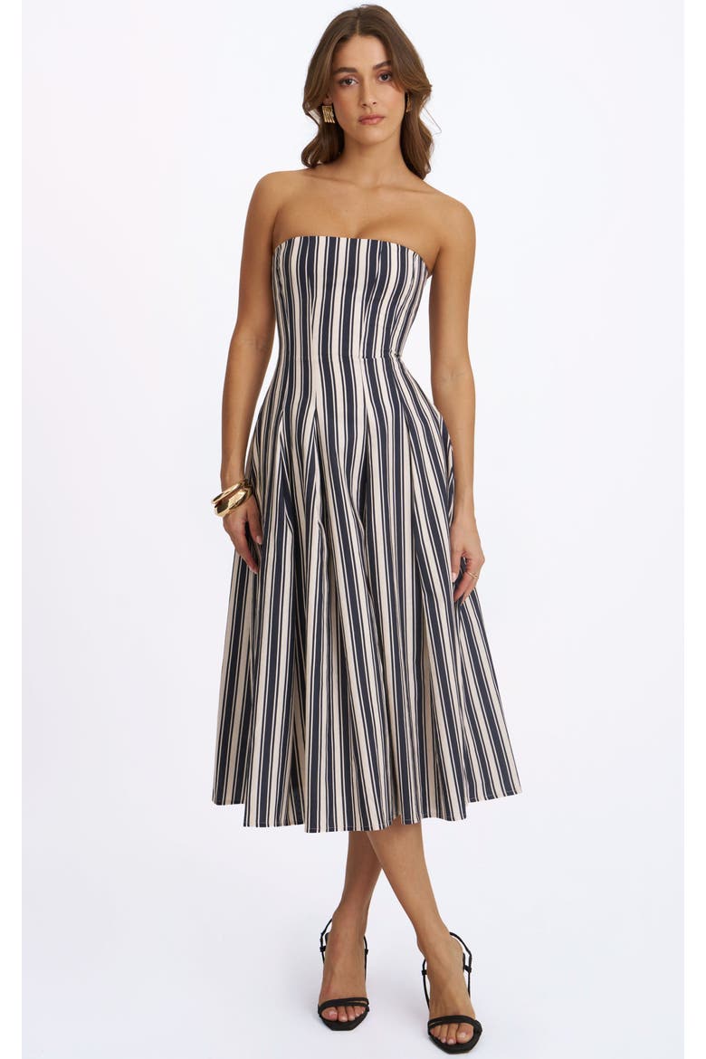 Wyanne Linen Striped Strapless Midi Dress, Main, color, Black & White