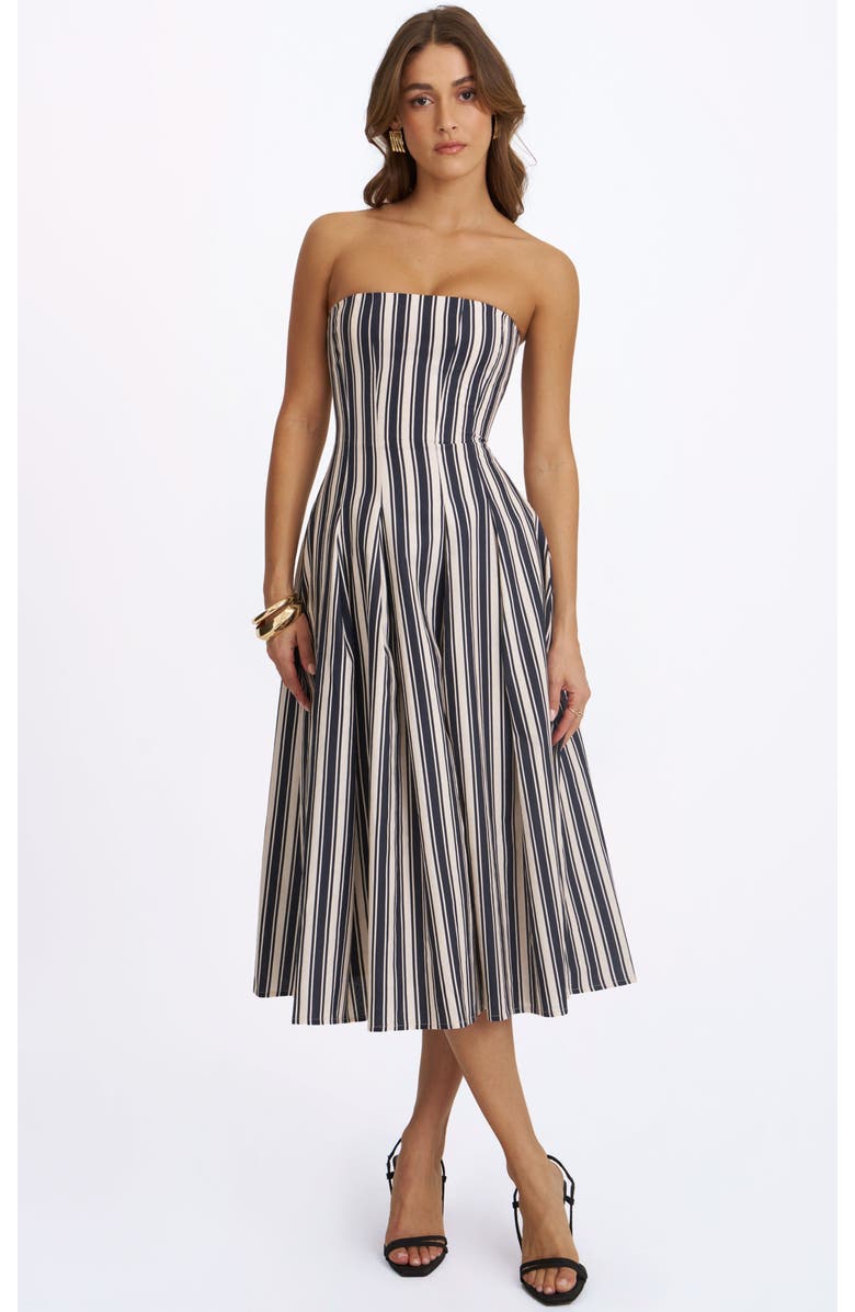 Miss Circle Wyanne Linen Striped Strapless Midi Dress, Main, color, Black & White