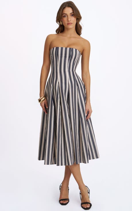Wyanne Linen Striped Strapless Midi Dress