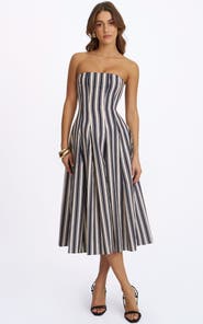 Miss Circle Wyanne Linen Striped Strapless Midi Dress